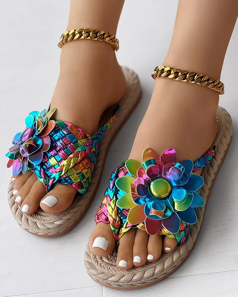 Casual Holographic Braided Floral Pattern Toe Post Beach Flip Flops