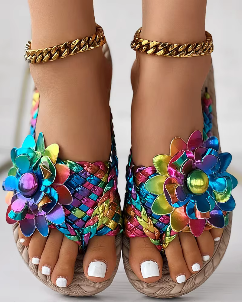 Casual Holographic Braided Floral Pattern Toe Post Beach Flip Flops - Image 3