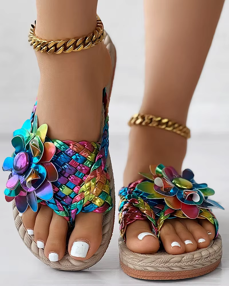 Casual Holographic Braided Floral Pattern Toe Post Beach Flip Flops - Image 5