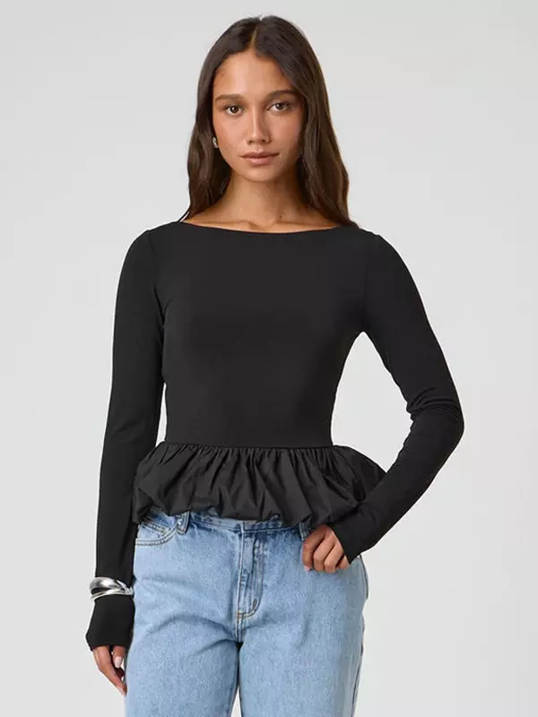 Casual Jewel Ruffled Long Sleeve Party Dating Crop Top