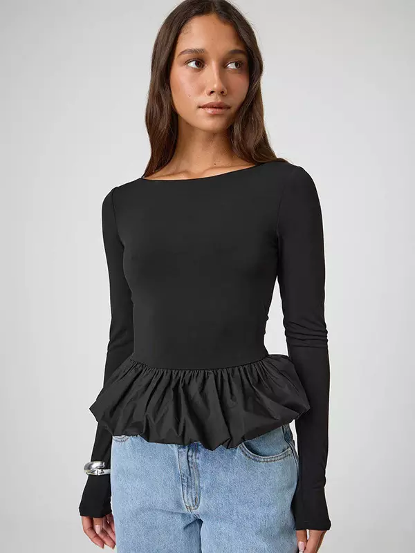 Casual Jewel Ruffled Long Sleeve Party Dating Crop Top - Image 3
