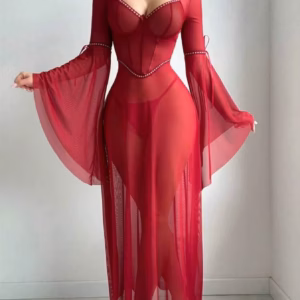 Casual Knitted Flare Sleeve See Throughout Night Dress Lingerie