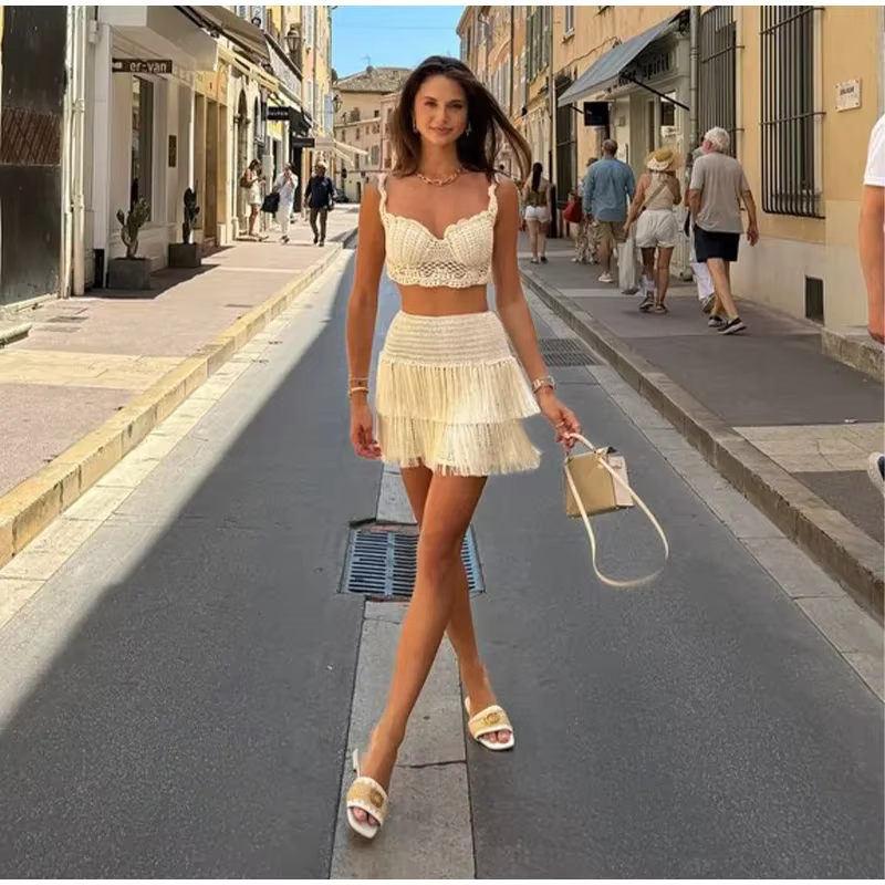 Casual Knitted Tassels Top Crop Bikini Vests Multi Layers Fringe Mini Skirt - Image 5