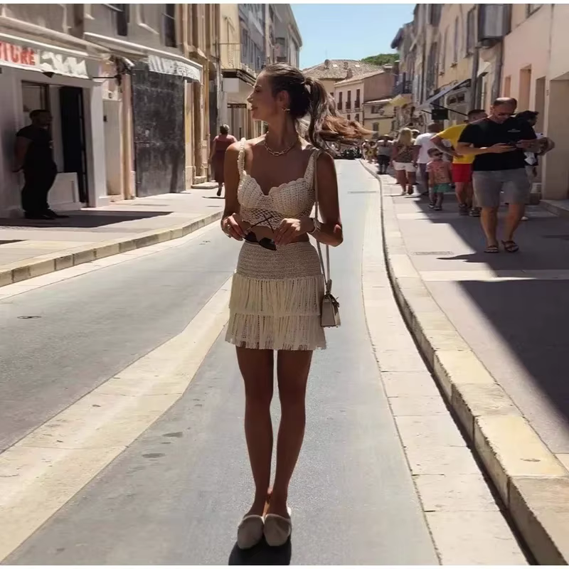 Casual Knitted Tassels Top Crop Bikini Vests Multi Layers Fringe Mini Skirt - Image 3