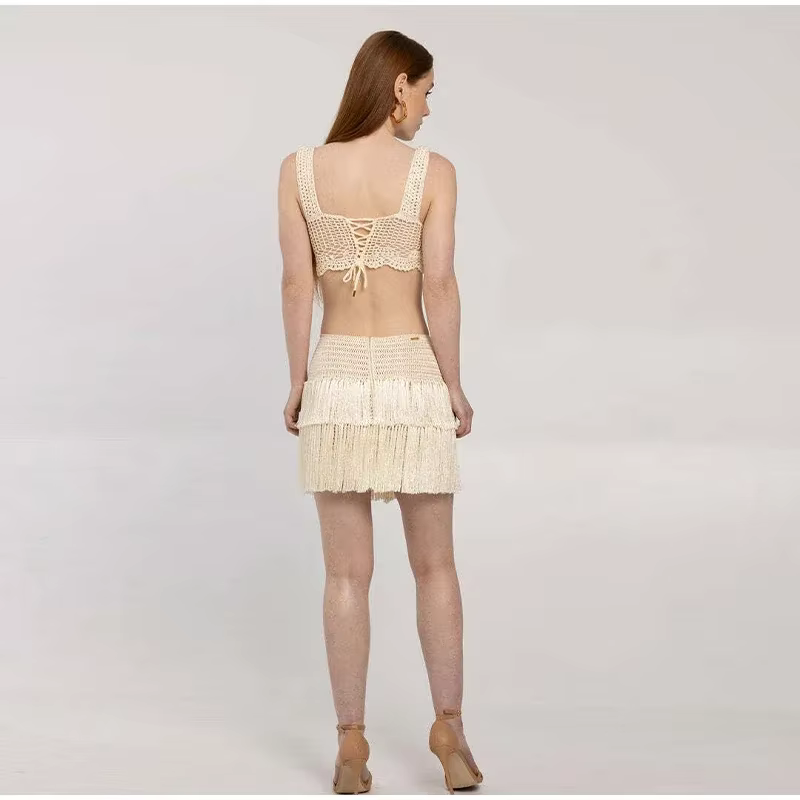 Casual Knitted Tassels Top Crop Bikini Vests Multi Layers Fringe Mini Skirt - Image 7