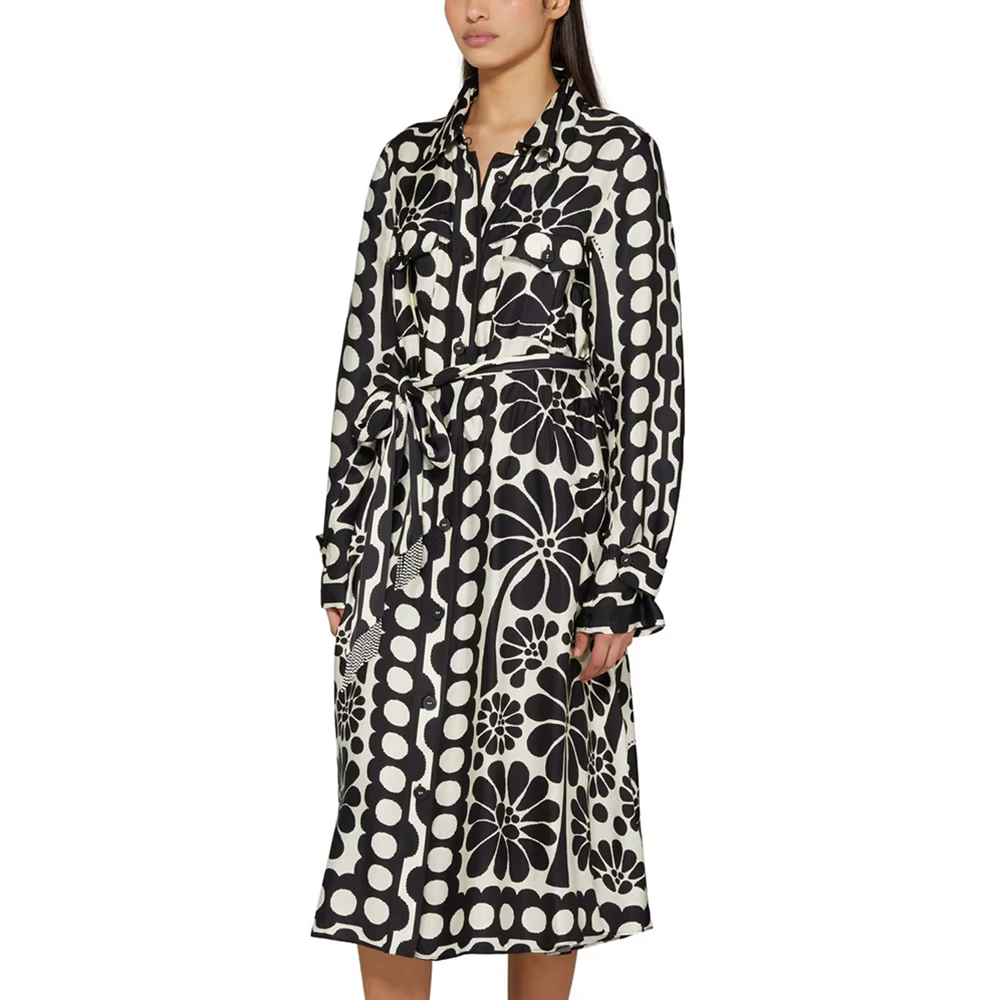 Casual Lapel Long Sleeve High Waist Patchwork Lace Up Printing Midi Dresses