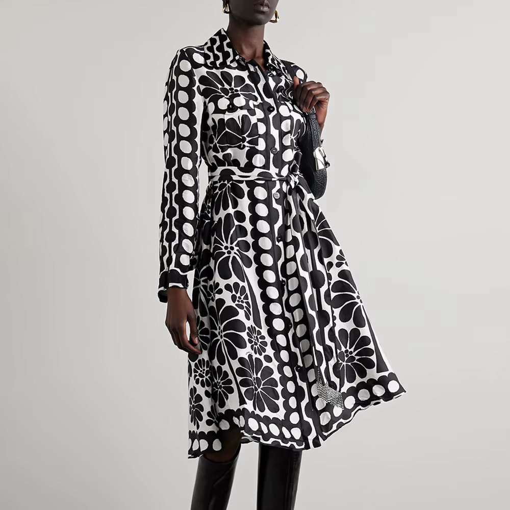 Casual Lapel Long Sleeve High Waist Patchwork Lace Up Printing Midi Dresses - Image 4