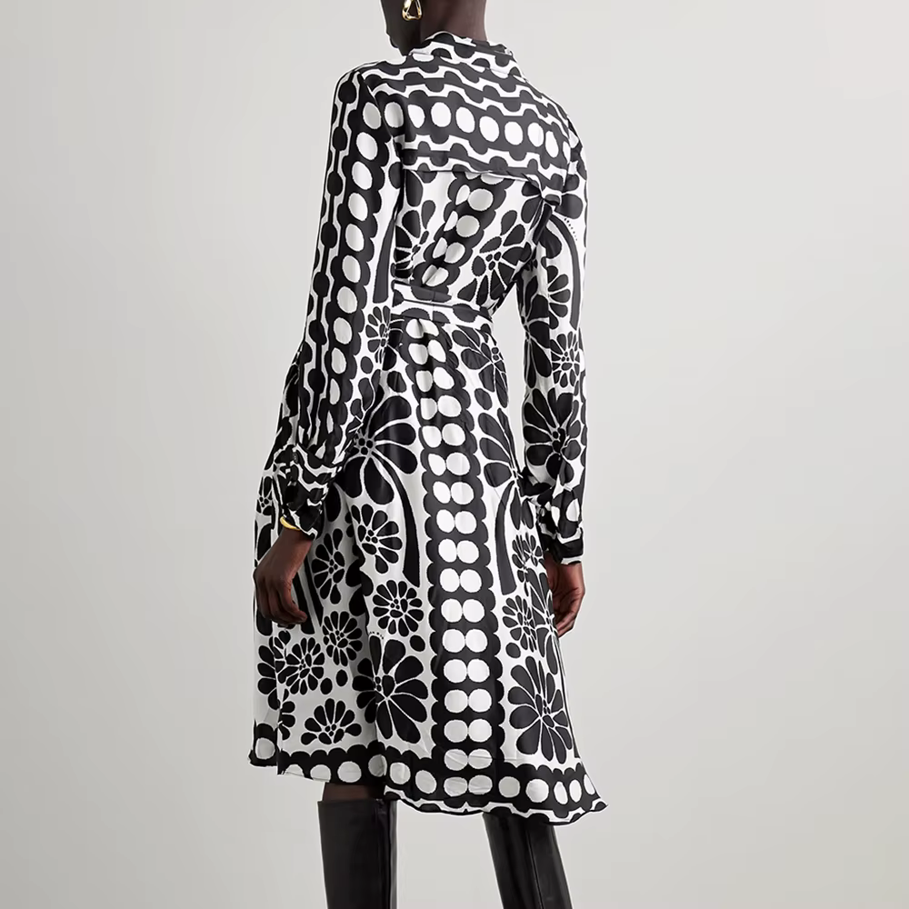 Casual Lapel Long Sleeve High Waist Patchwork Lace Up Printing Midi Dresses - Image 6