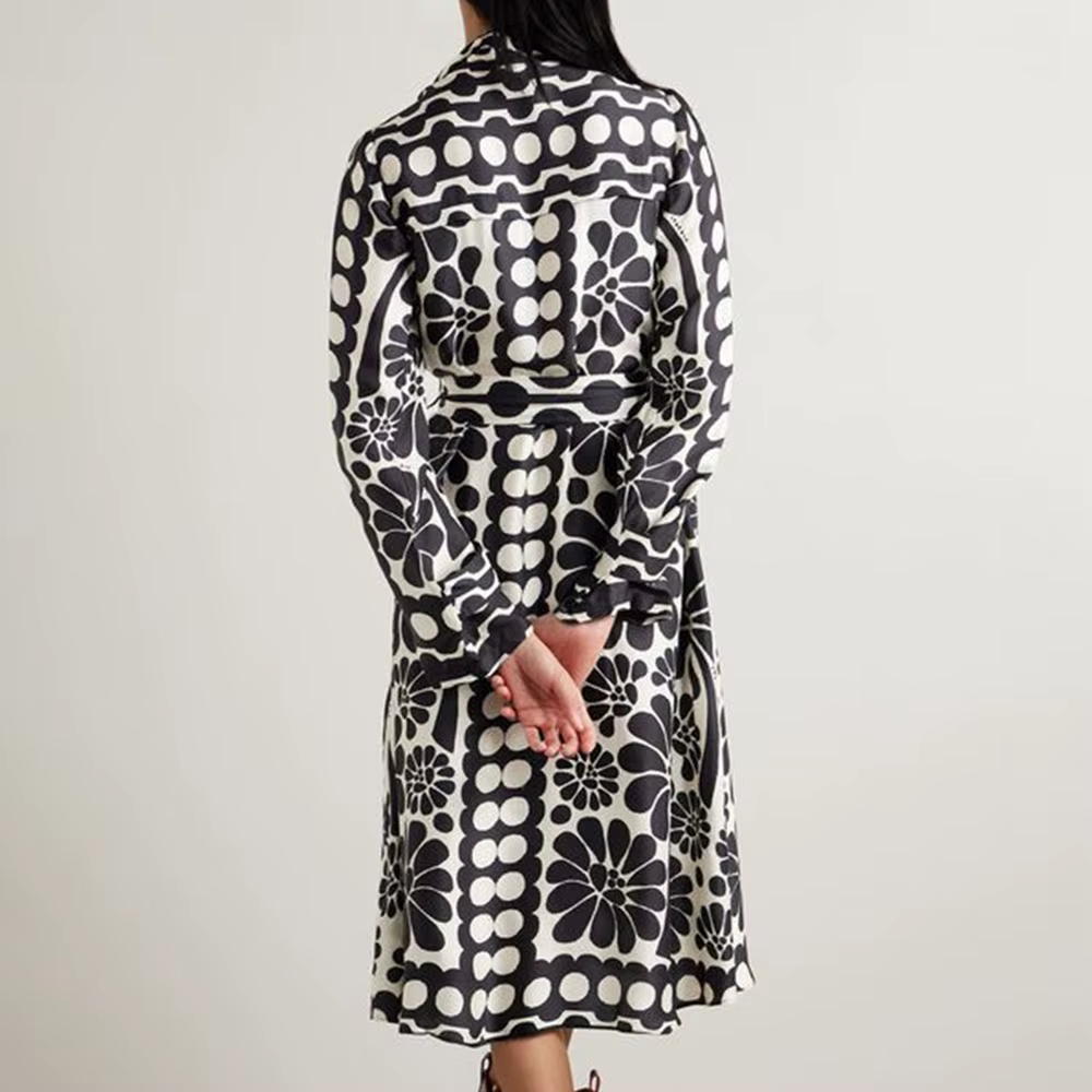 Casual Lapel Long Sleeve High Waist Patchwork Lace Up Printing Midi Dresses - Image 5