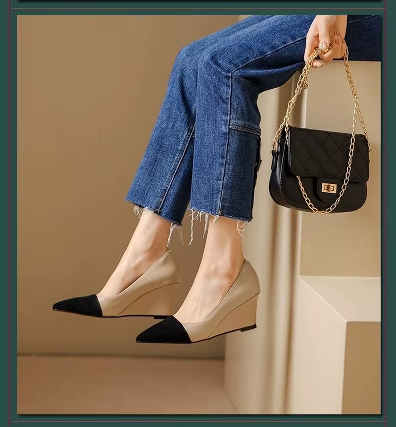 Casual Leather Wedges Office Work Slip On Pointed Toe Pumps High Heels