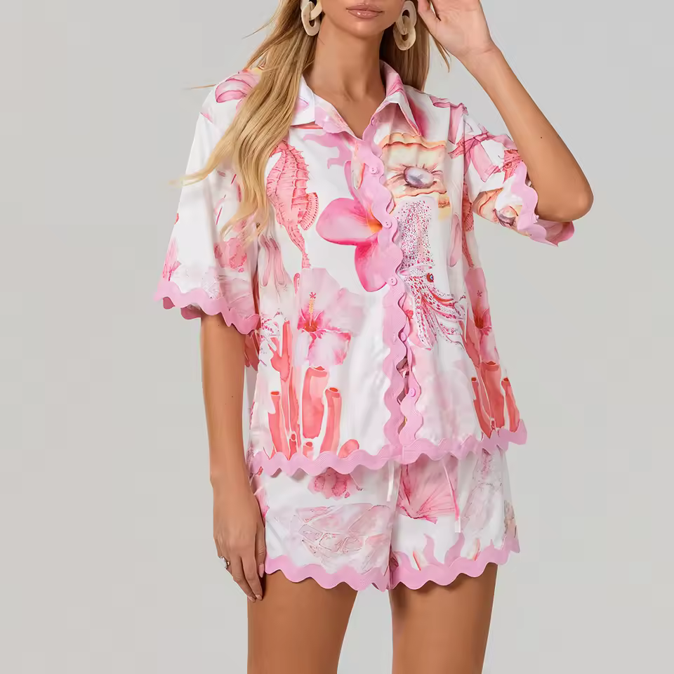 Casual Lounge Printed Outfits Short Sleeve Button Two Piece Set