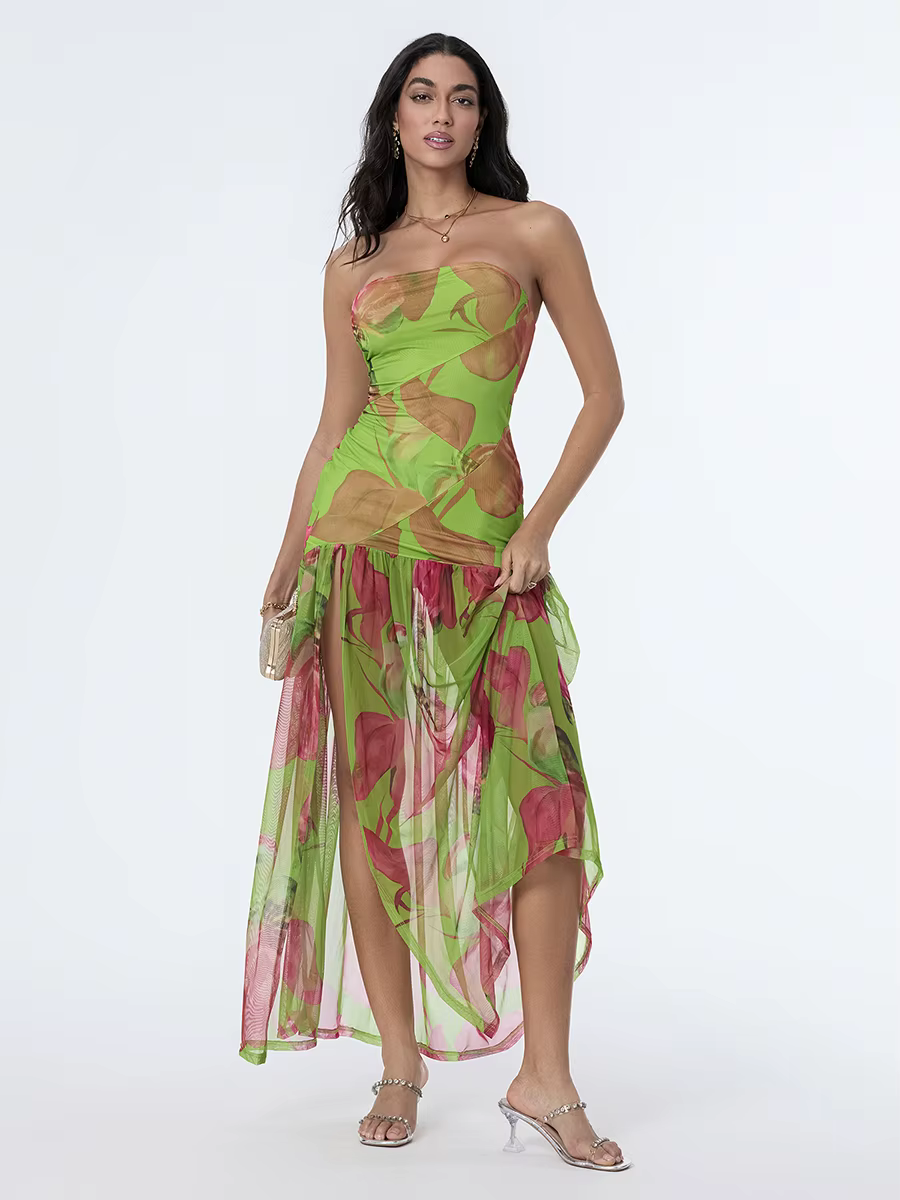 Casual Off-Shoulder Mesh Hem High Slit Floral Print Dresses