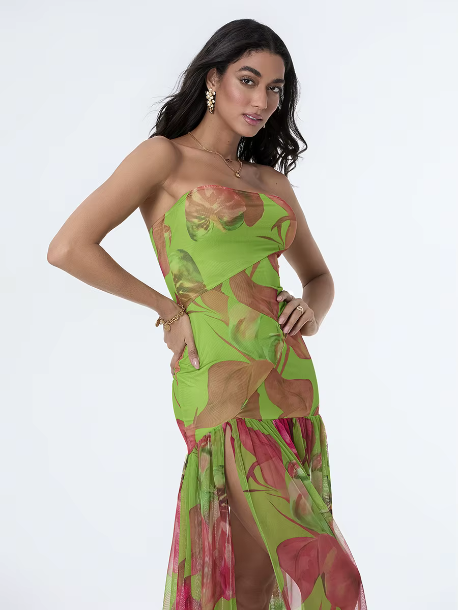 Casual Off-Shoulder Mesh Hem High Slit Floral Print Dresses - Image 10