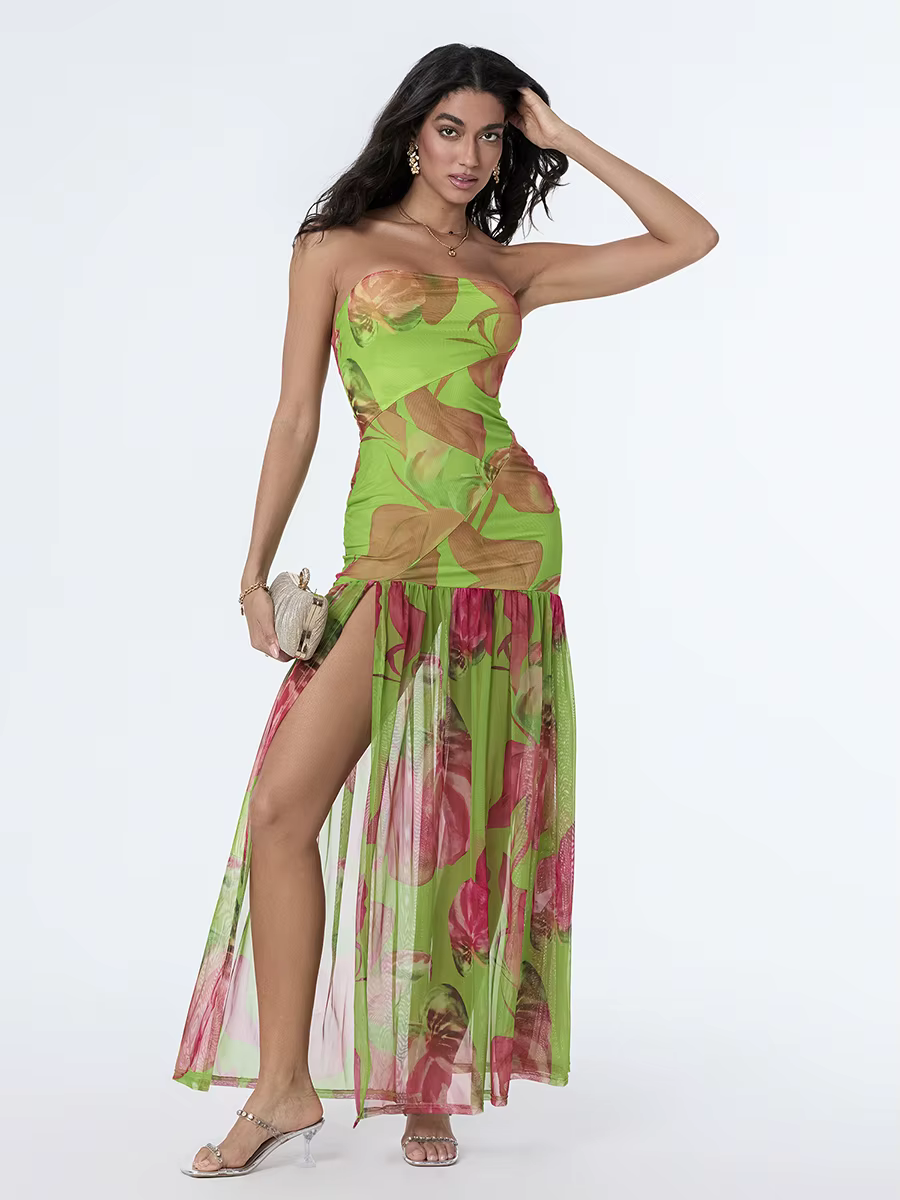 Casual Off-Shoulder Mesh Hem High Slit Floral Print Dresses - Image 2