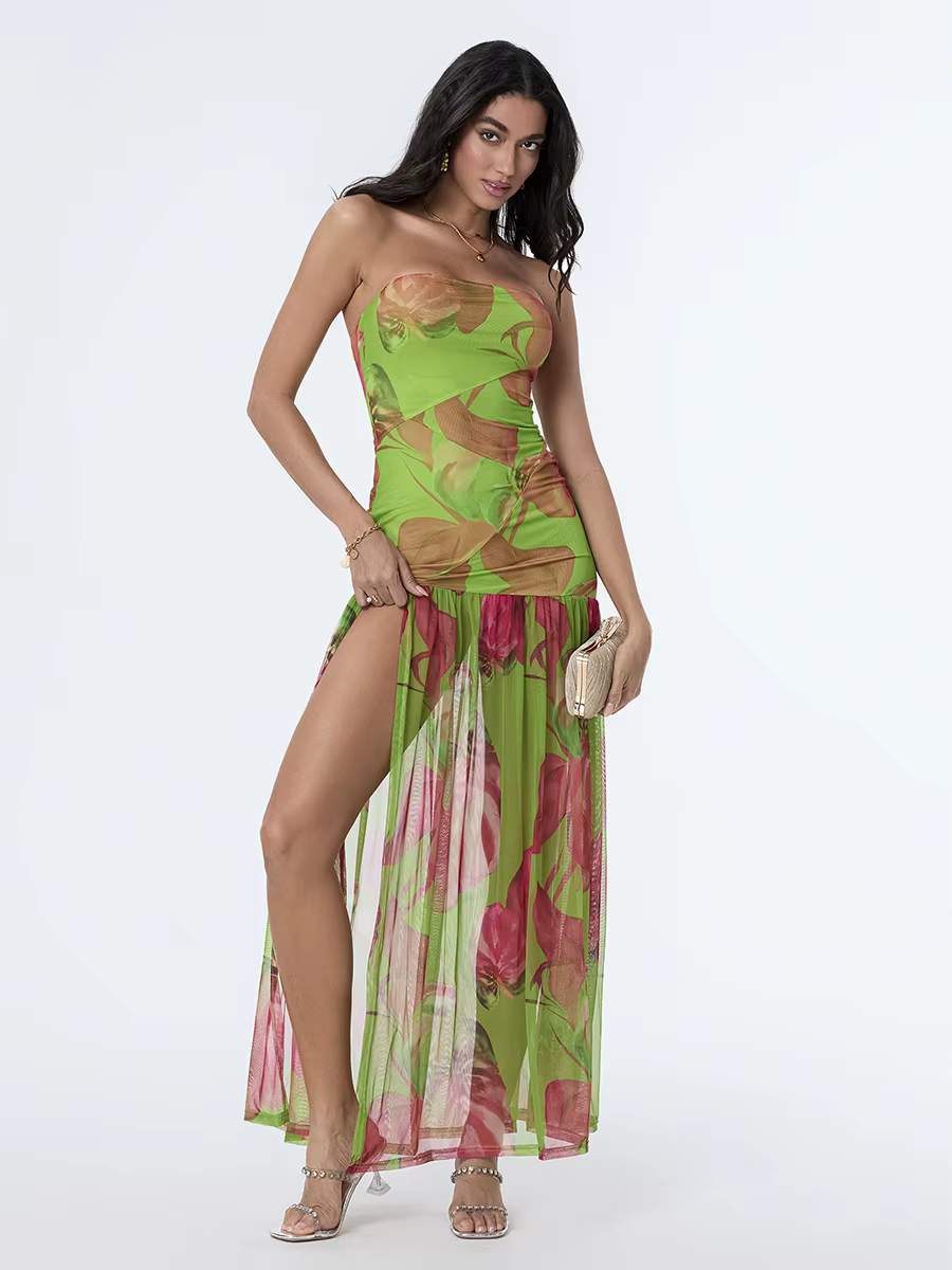 Casual Off-Shoulder Mesh Hem High Slit Floral Print Dresses - Image 3