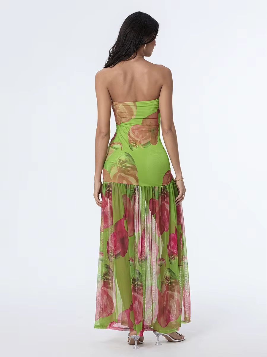 Casual Off-Shoulder Mesh Hem High Slit Floral Print Dresses - Image 13