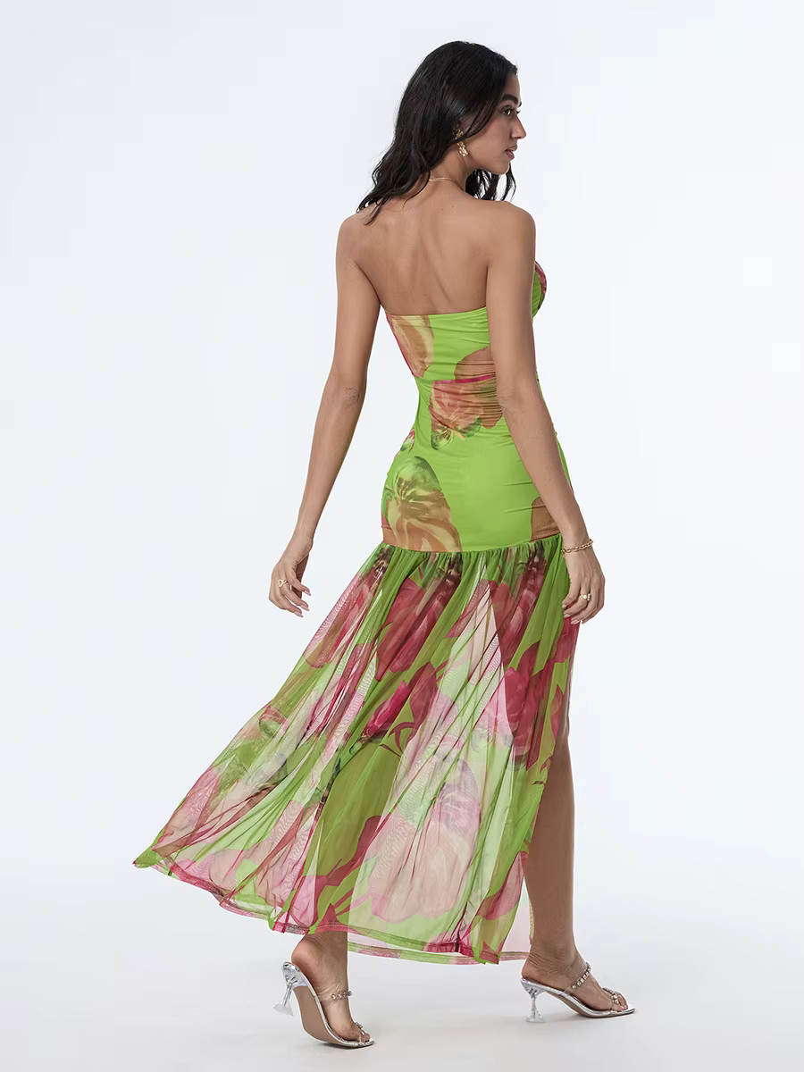 Casual Off-Shoulder Mesh Hem High Slit Floral Print Dresses - Image 4