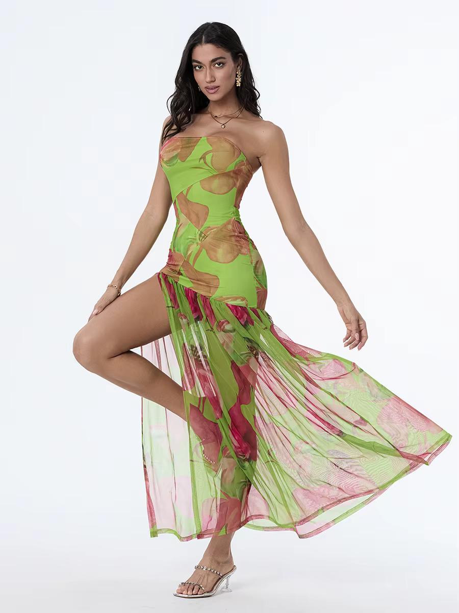 Casual Off-Shoulder Mesh Hem High Slit Floral Print Dresses - Image 6