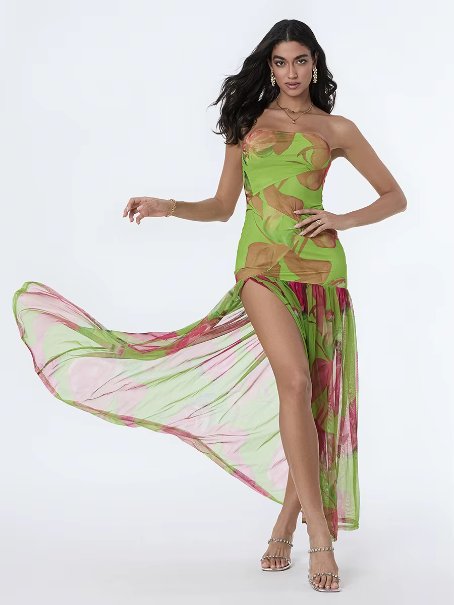 Casual Off-Shoulder Mesh Hem High Slit Floral Print Dresses - Image 7