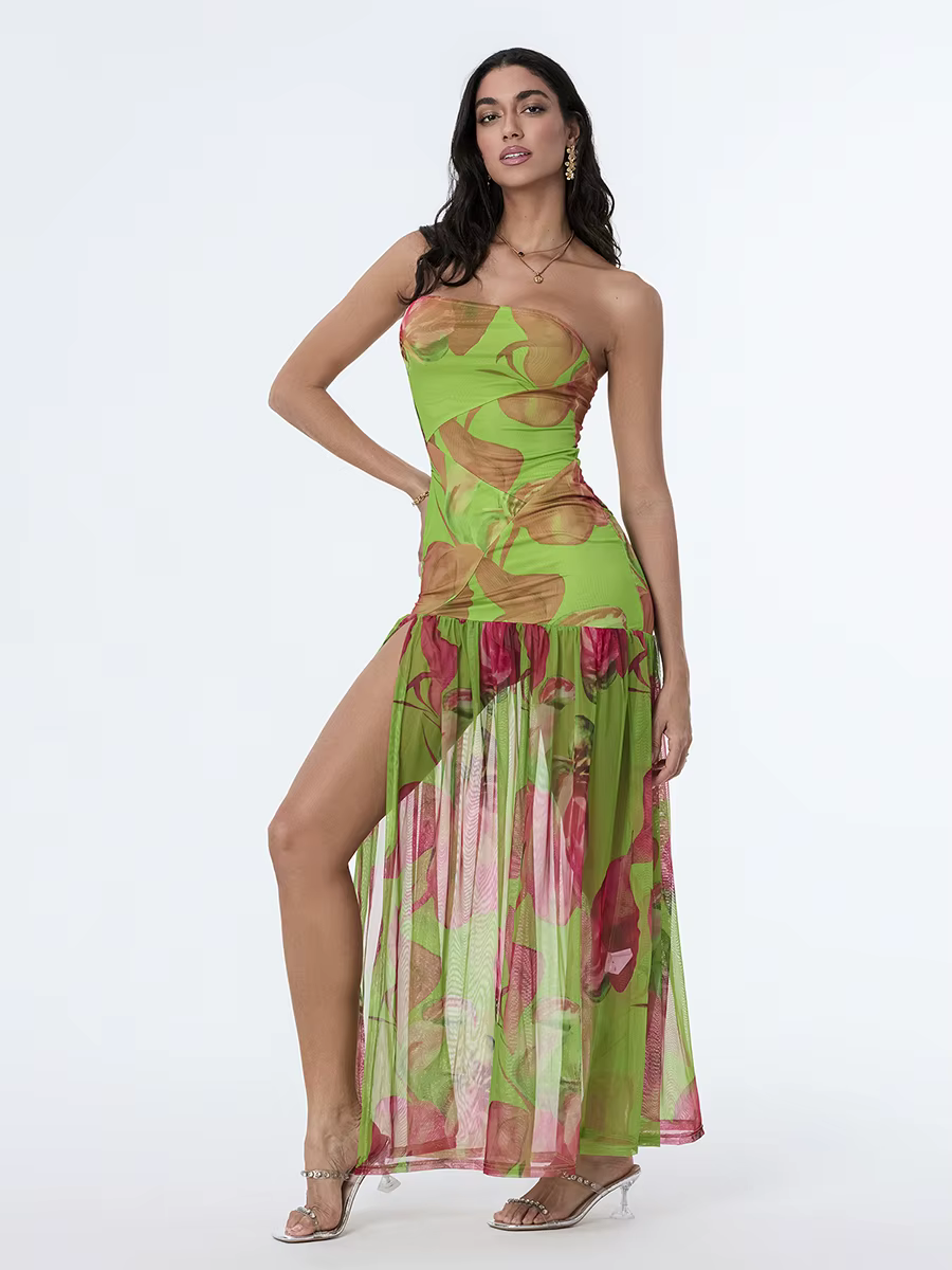 Casual Off-Shoulder Mesh Hem High Slit Floral Print Dresses - Image 8