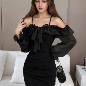 Casual Off-shoulder Solid Color Bodycon Long Sleeve Mini Dress