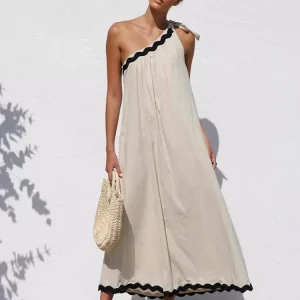 Casual One Shoulder Color Block Scalloped Hem Shift Dress