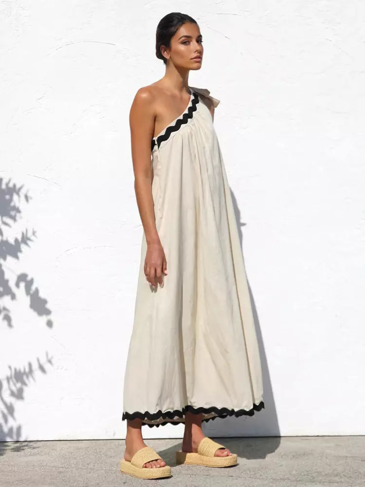 Casual One Shoulder Color Block Scalloped Hem Shift Dress - Image 4