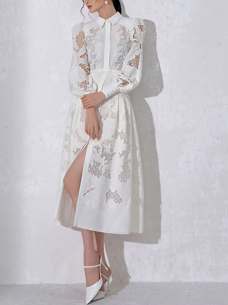 Casual Patchwork Lace Hollow Out Lapel Lantern Sleeve Belt Solid Formal Midi Dress