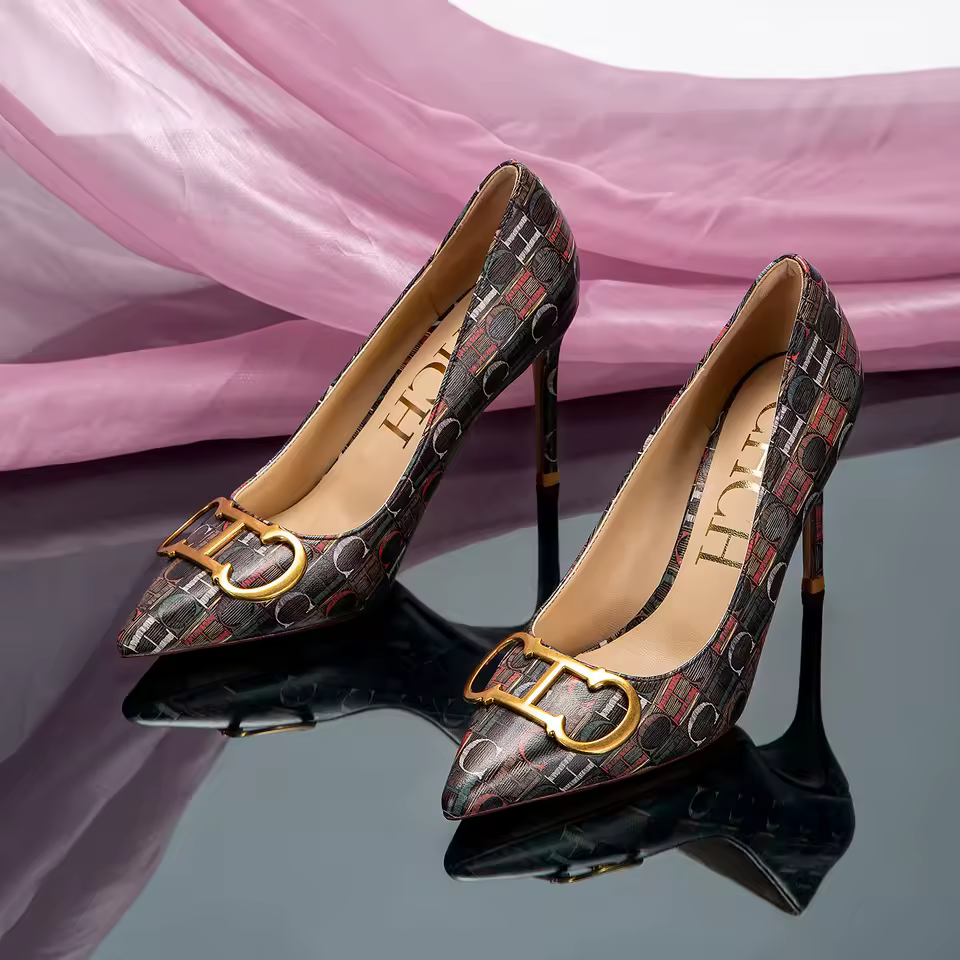 Casual Pointed Toe Letter Printed Thin High Heels