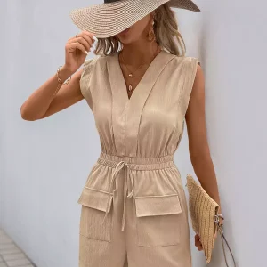 Casual Polyester Drawstring Waist Sleeveless V-neck Jumpsuits