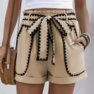 Casual Polyester Tie Waist Loose Drawstring Paperbag Shorts