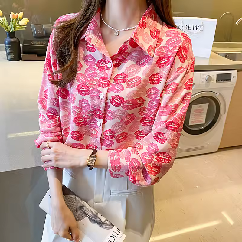 Casual Printing Chiffon Polo-Neck Long Sleeve Loose Office Lady Shirts