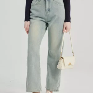Casual Raised Trousers Solid Color Zipper Fly Straight Jeans