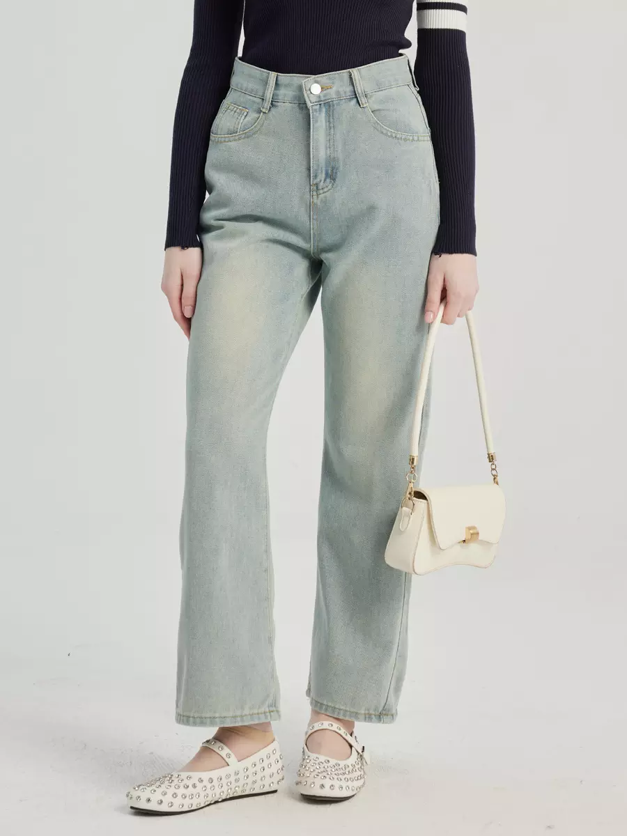 Casual Raised Trousers Solid Color Zipper Fly Straight Jeans