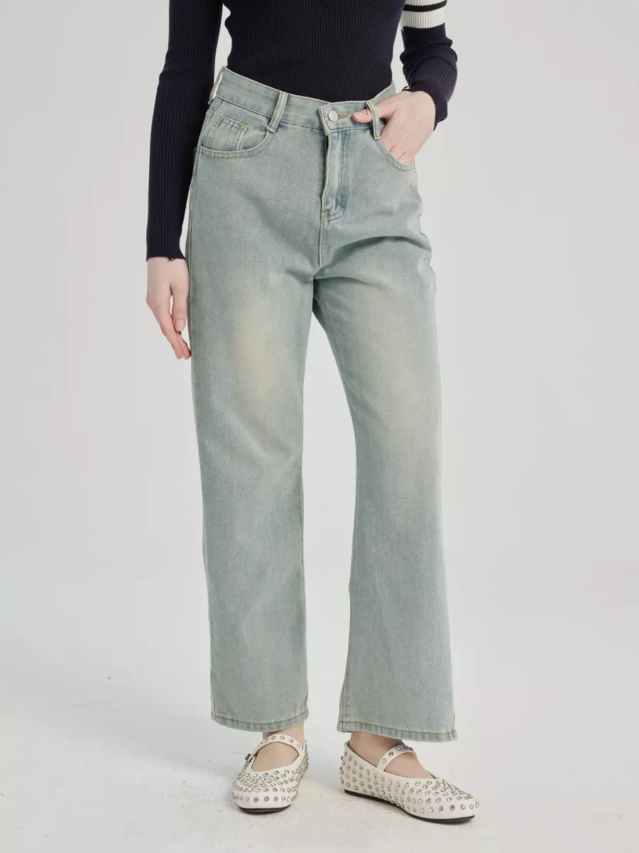 Casual Raised Trousers Solid Color Zipper Fly Straight Jeans - Image 2