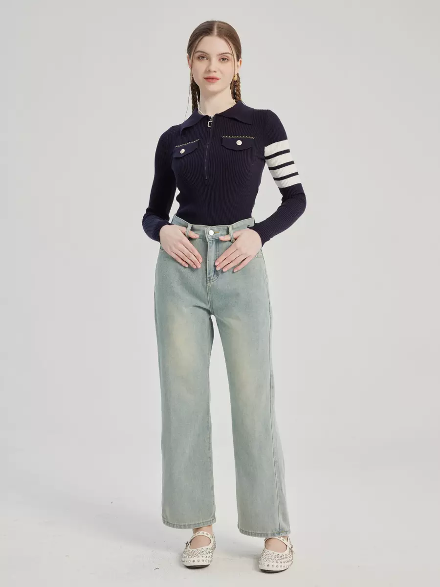 Casual Raised Trousers Solid Color Zipper Fly Straight Jeans - Image 3