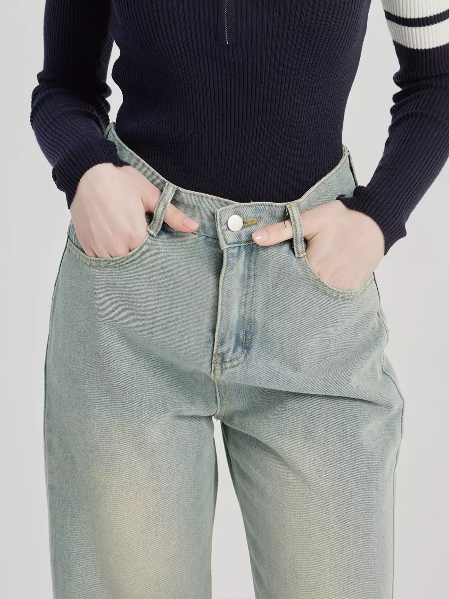 Casual Raised Trousers Solid Color Zipper Fly Straight Jeans - Image 5