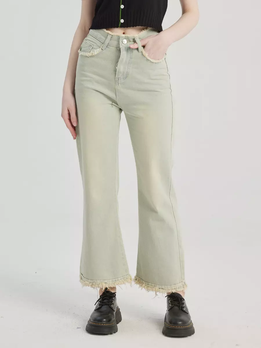 Casual Raw Hem Cropped Solid Color Vintage Flare Jeans