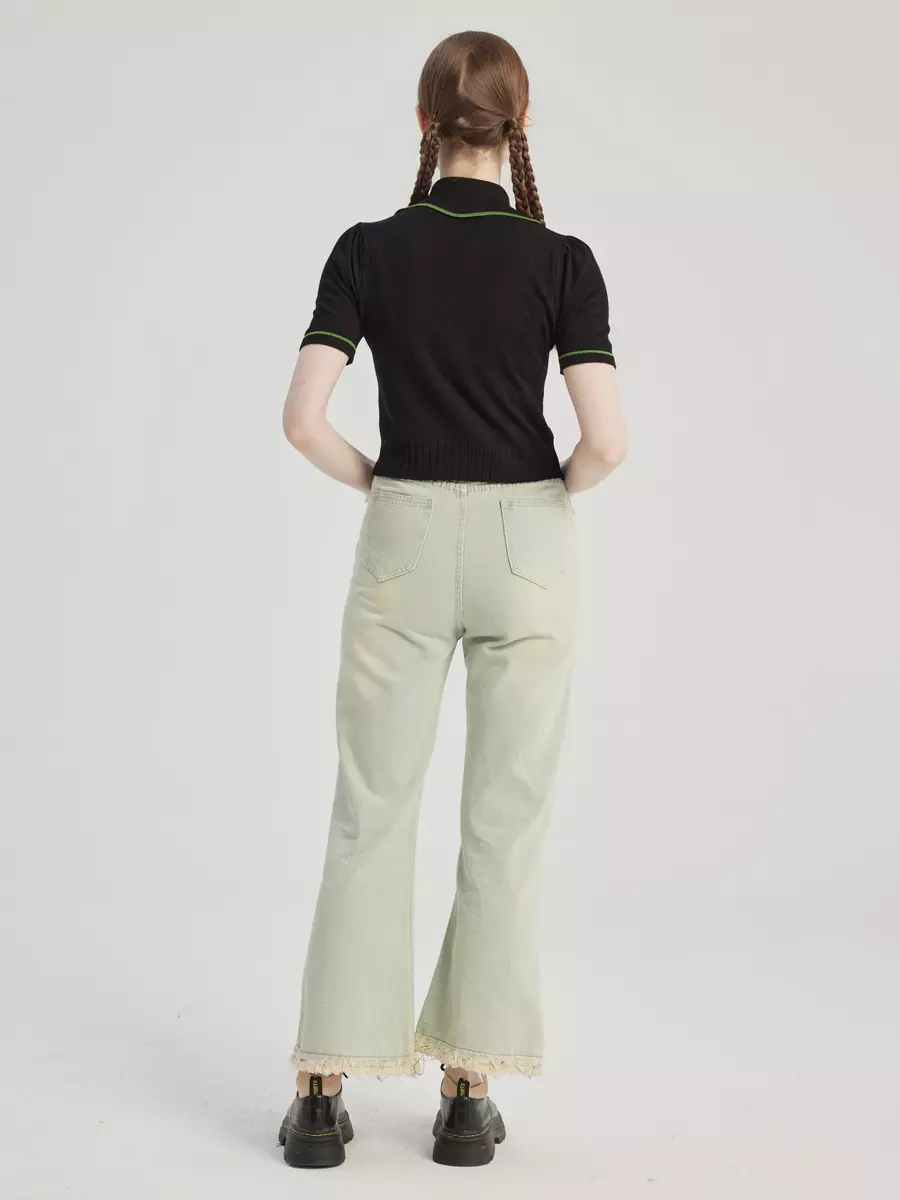 Casual Raw Hem Cropped Solid Color Vintage Flare Jeans - Image 4