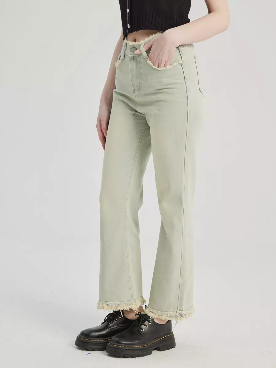 Casual Raw Hem Cropped Solid Color Vintage Flare Jeans - Image 2