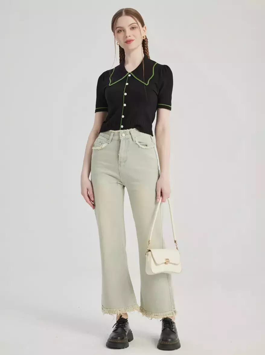 Casual Raw Hem Cropped Solid Color Vintage Flare Jeans - Image 3