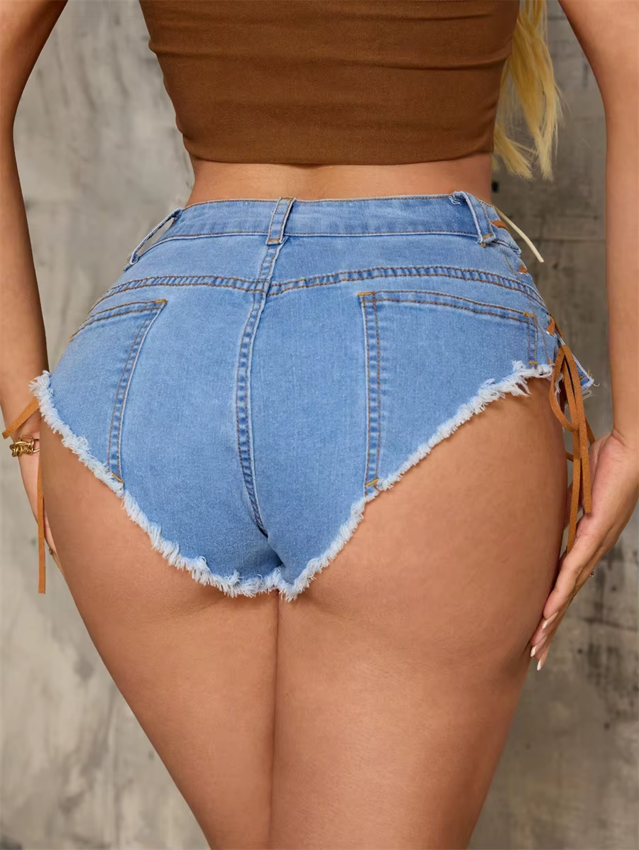 Casual Retro Low Rise Super Short Jeans Lace-up Denim Shorts - Image 3