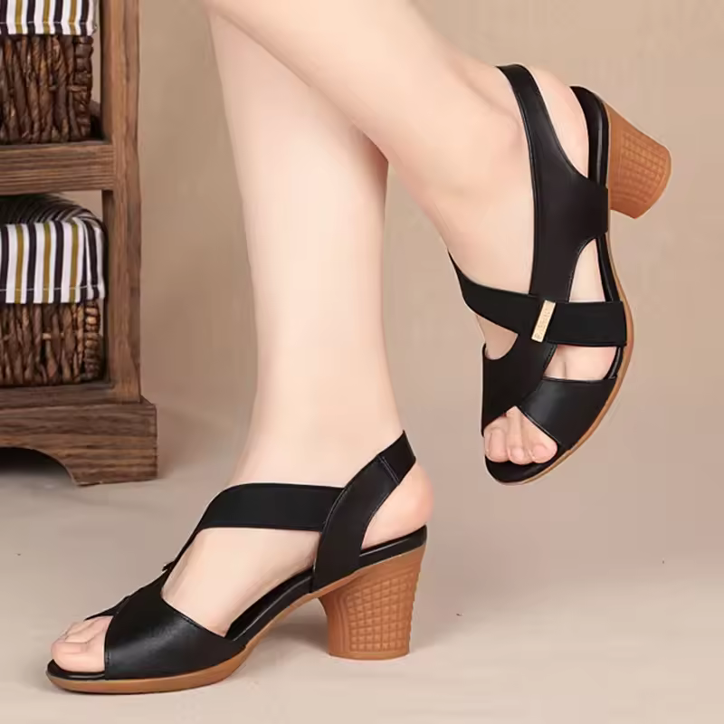 Casual Round Mid Heel Back Strap Peep Toe Pu Leather Beach Sandals