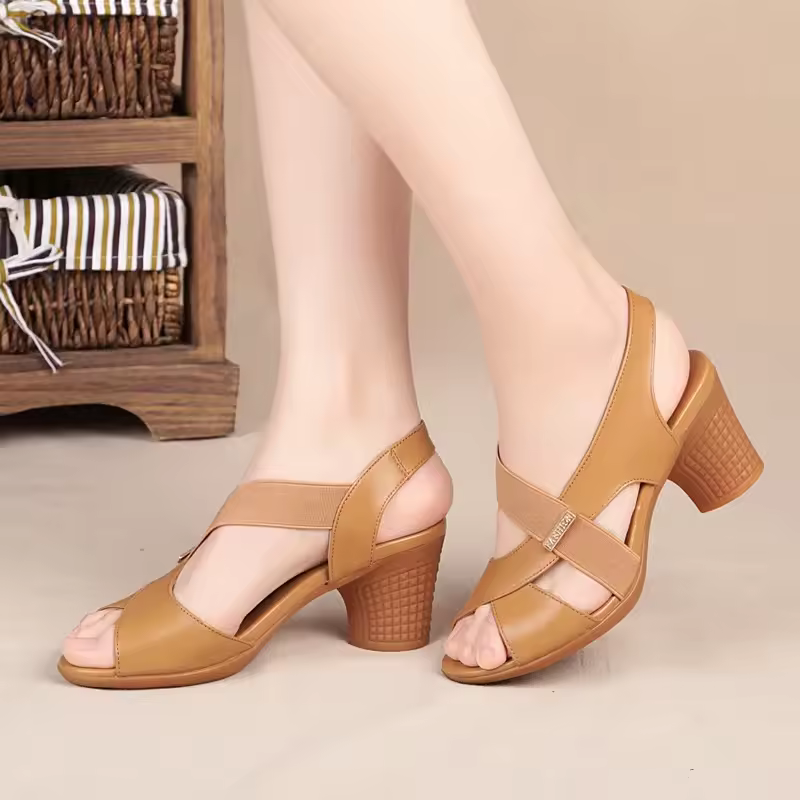 Casual Round Mid Heel Back Strap Peep Toe Pu Leather Beach Sandals - Image 5