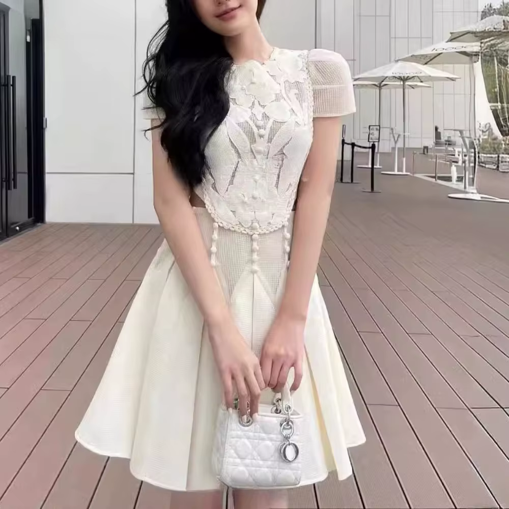 Casual Round Neck Short Sleeves Patchwork Embroidery Mini Dress