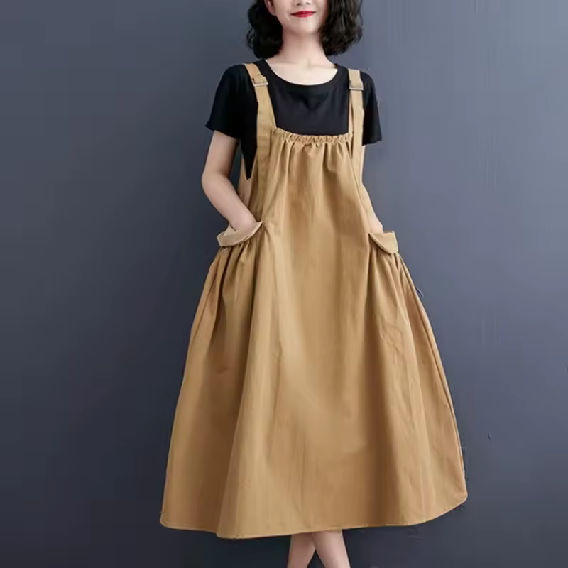 Casual Ruffled Solid Loose Pockets All Match Sleeveless Midi Dress