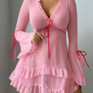 Casual Ruffles Flare Sleeve Frill Trim Deep-V Neck Short Mini Dresses