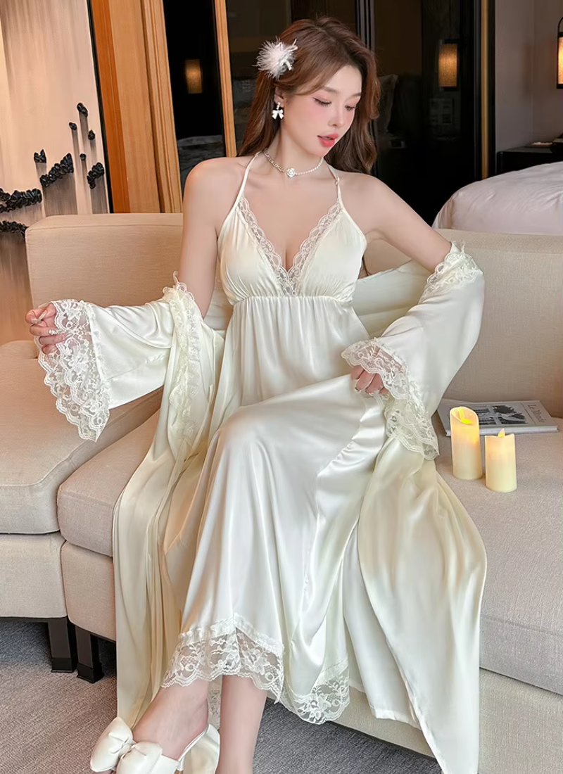 Casual Satin Home Dressing Gown Lounge Wear Lace 2PCS Robe Set Nightgown - Image 7