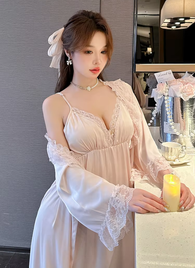 Casual Satin Home Dressing Gown Lounge Wear Lace 2PCS Robe Set Nightgown - Image 6