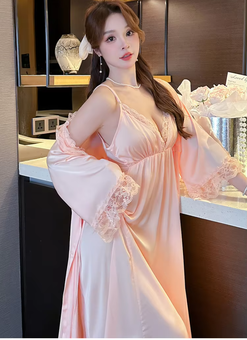 Casual Satin Home Dressing Gown Lounge Wear Lace 2PCS Robe Set Nightgown - Image 4